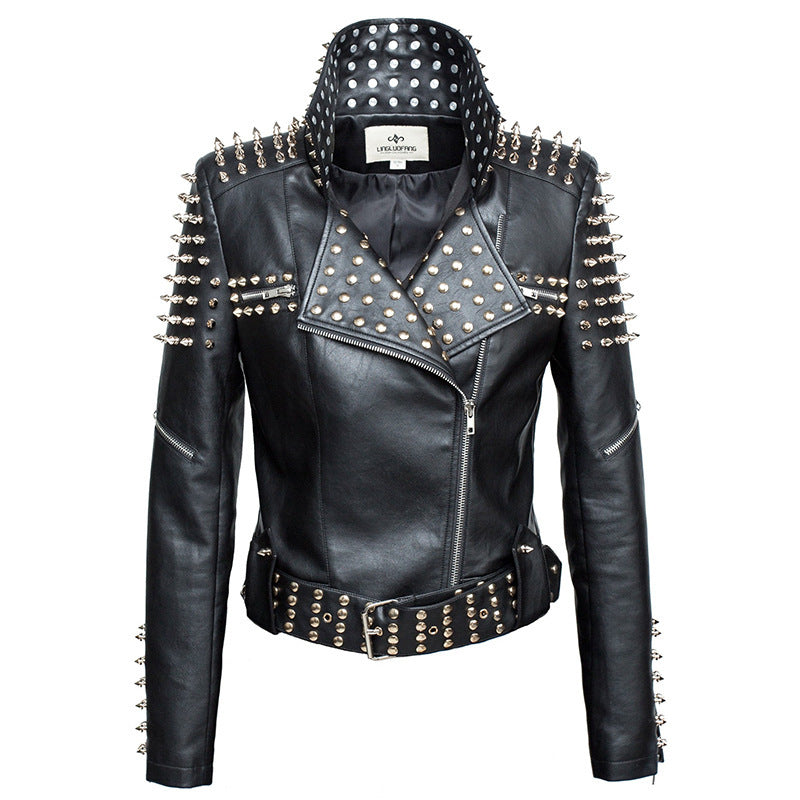 Women's Punk PU Leather Motorcycle Jacket with Rivets and Stand Collar