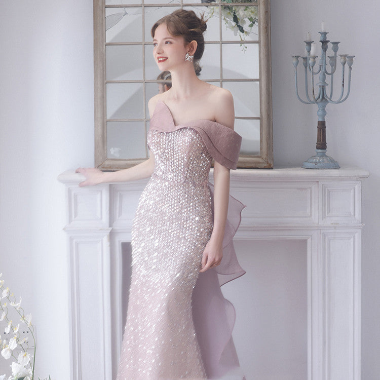 Women's Pink Polyester One-Shoulder Evening Dress