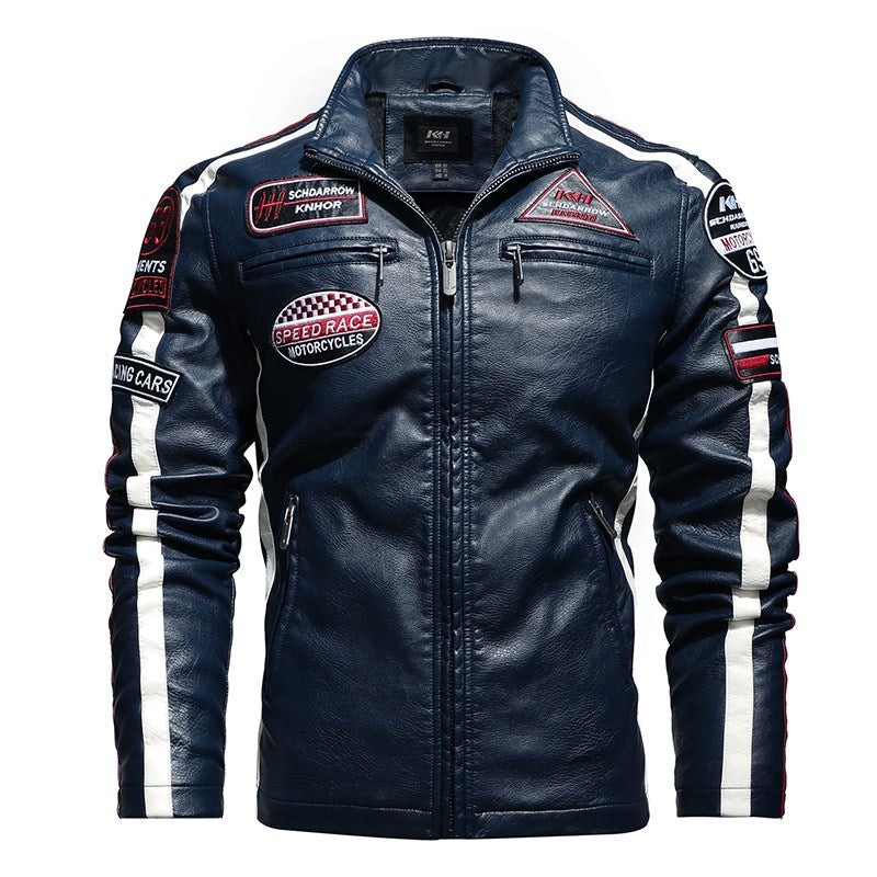 Men's Slim-Fit Short Embroidered PU Leather Jacket with Stand-Up Collar