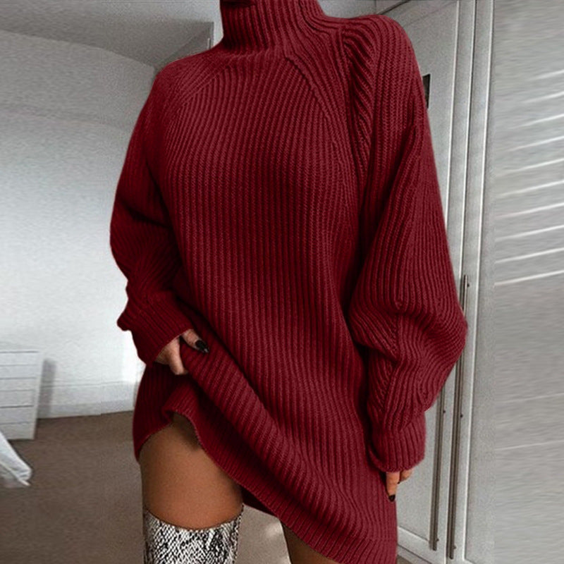 Robe pull mi-longue à col roulé, manches raglan en velours vison