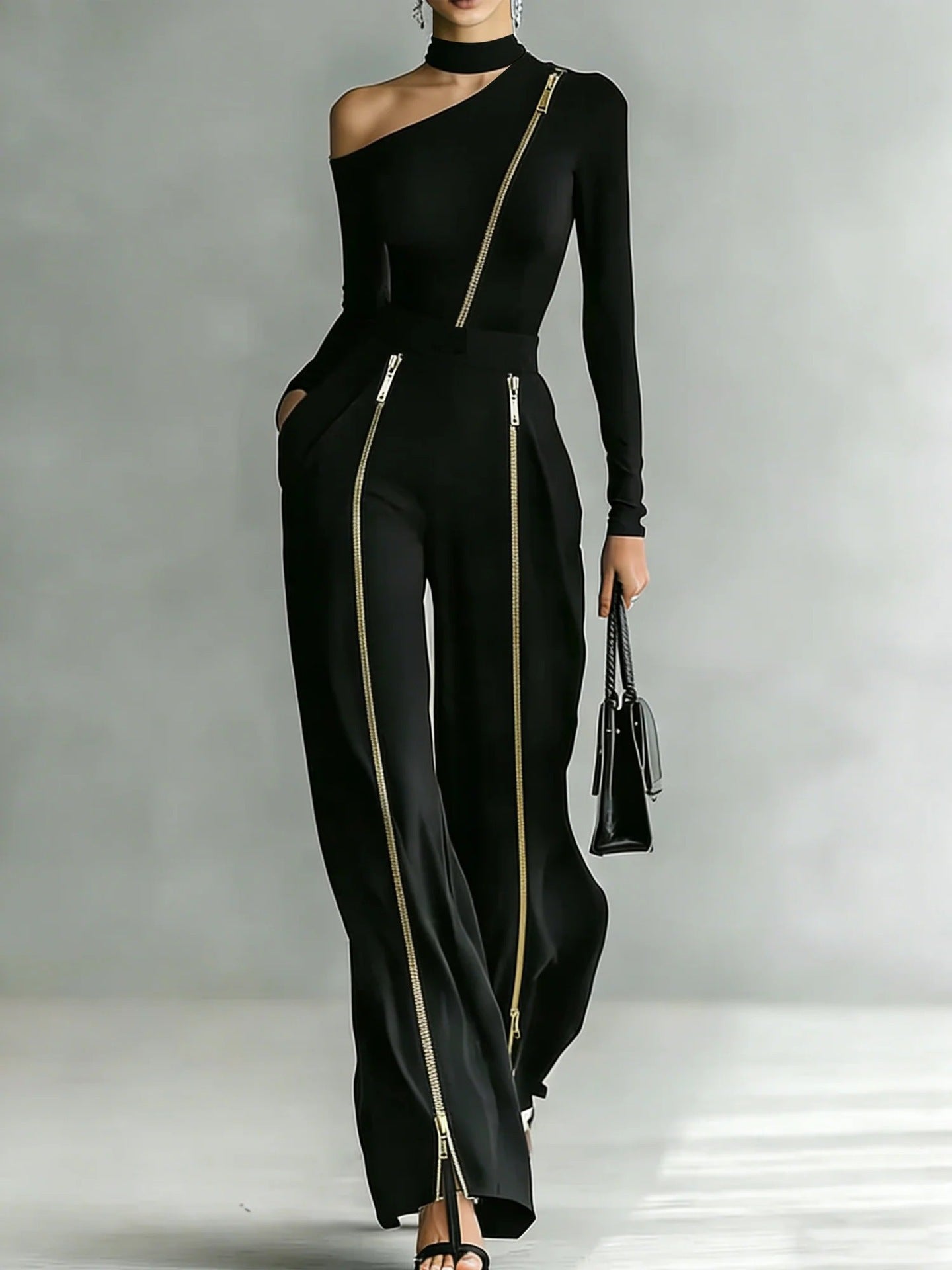 Crew-Neck Long Sleeve Knit Two-Way Zipper Wide-Leg Pants Set Black