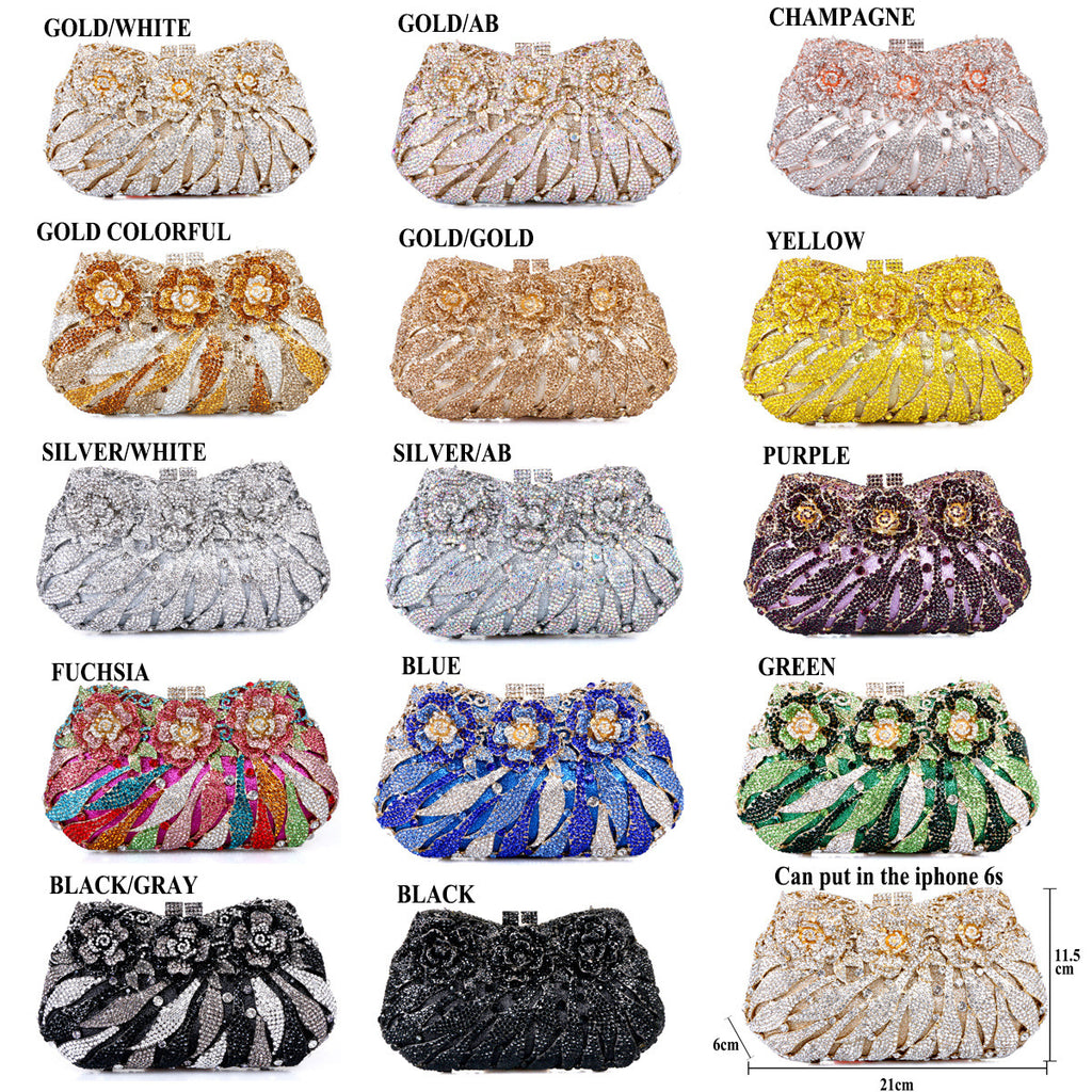 European & American Women's Metal Rose Diamond Crystal Clutch Bag 21cm