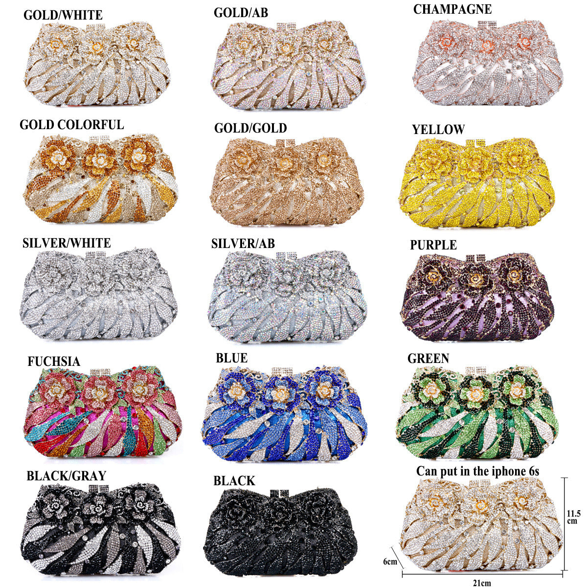 European & American Women's Metal Rose Diamond Crystal Clutch Bag 21cm