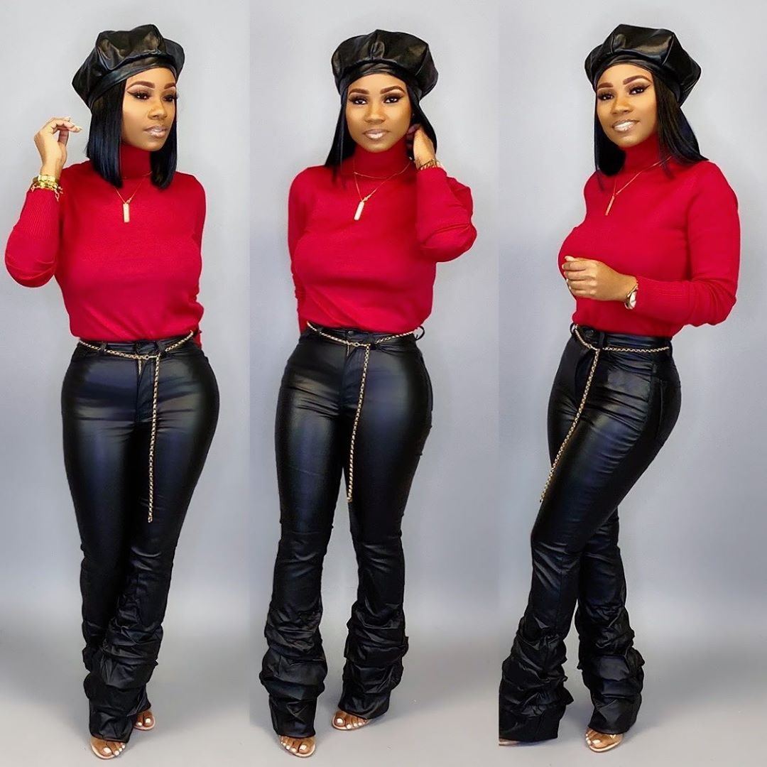PU Leather Pendant Hem Long Trousers for Women