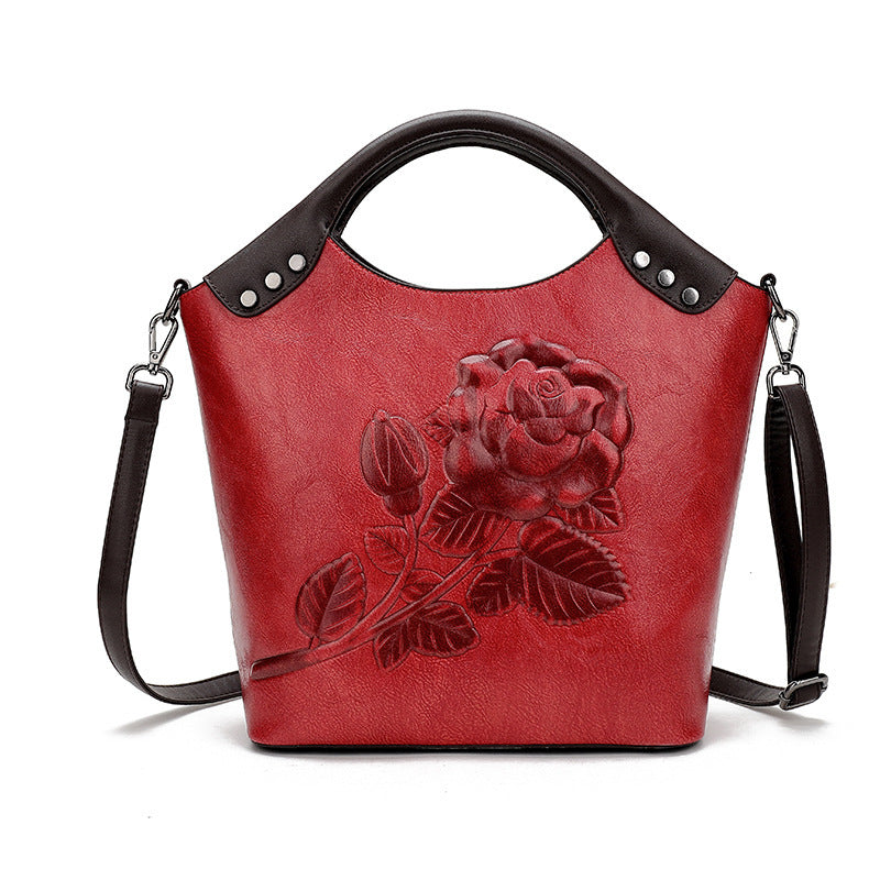 Embossed PU Bucket Shoulder Bag with Zipper, 36x37x13cm