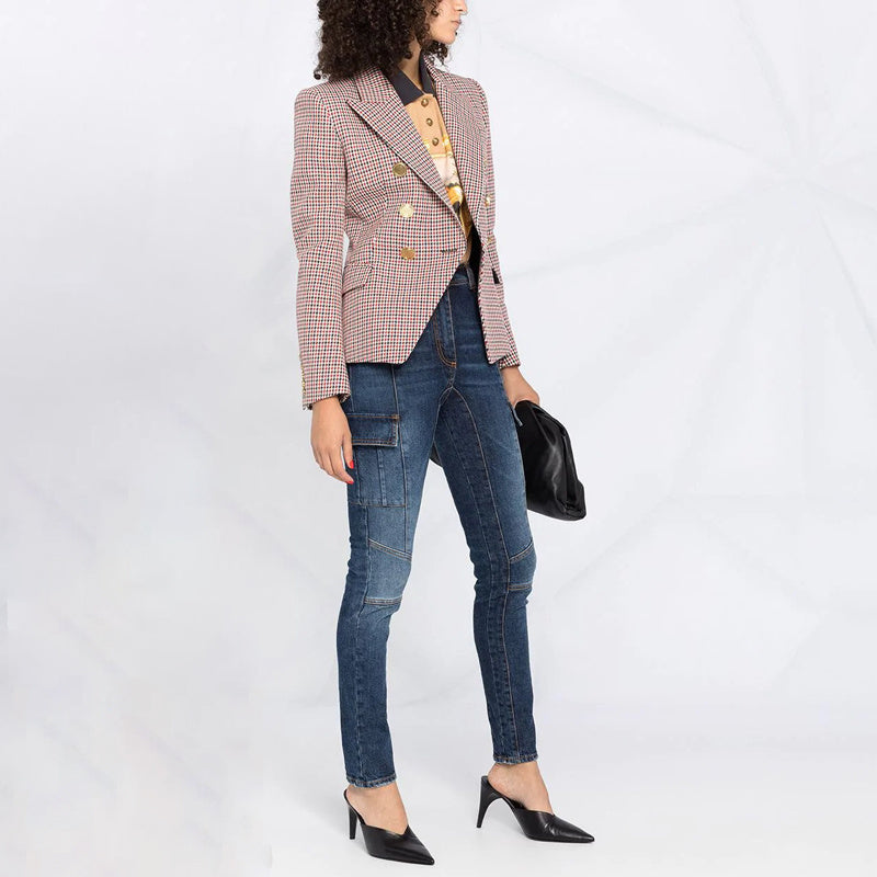 Women’s Red Houndstooth Double-Breasted Long-Sleeve Blazer Jacket