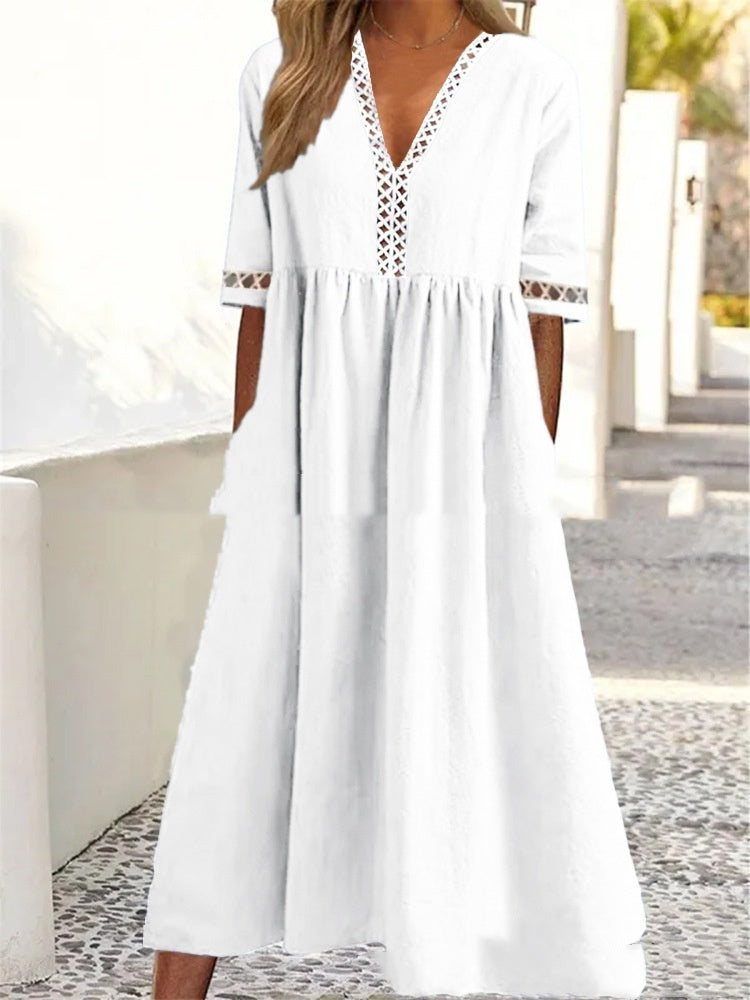 Solid Color Short Sleeve Lace V-neck Tight Waist Dress