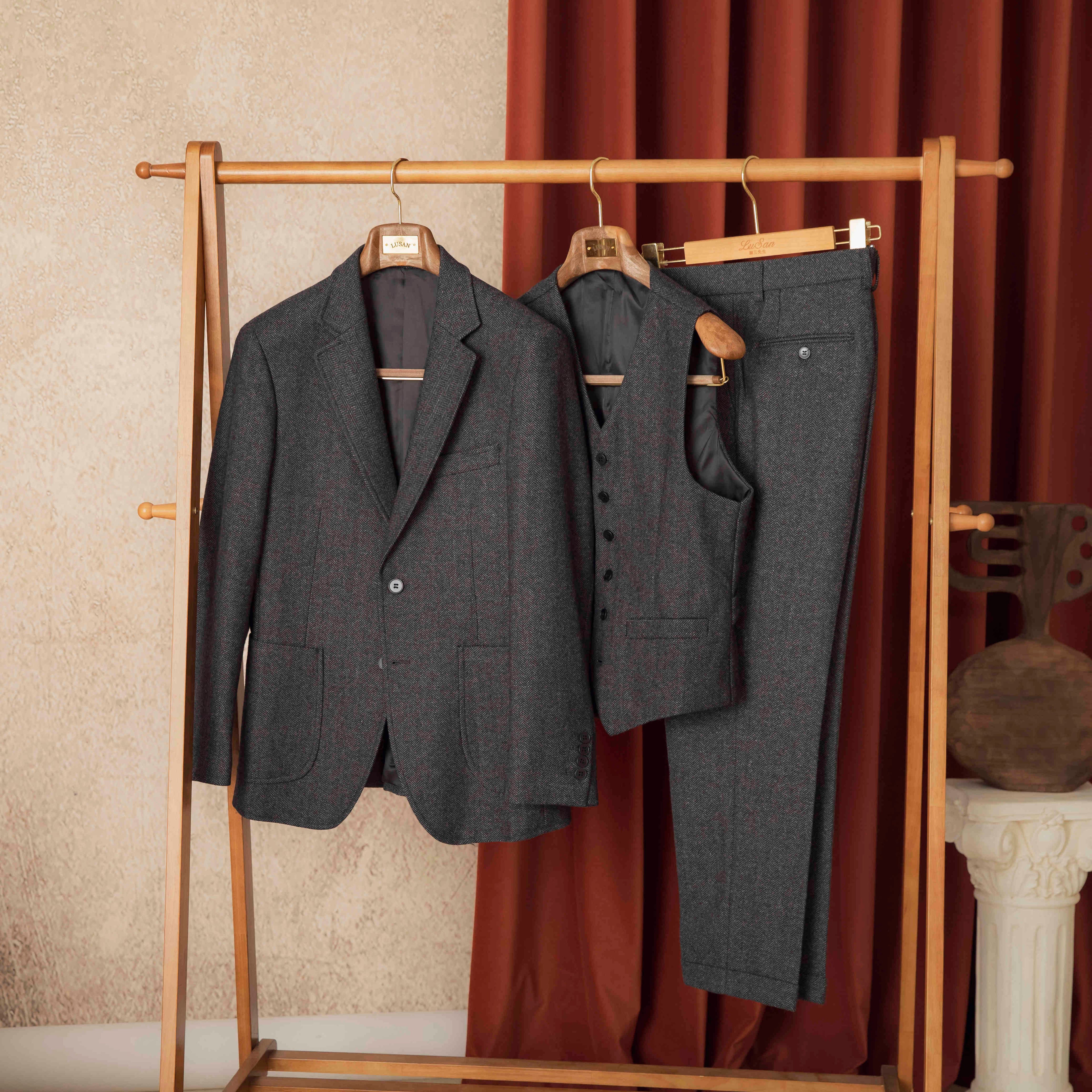 Retro Herringbone Wool Slim Fit Men's Winter Suit Set