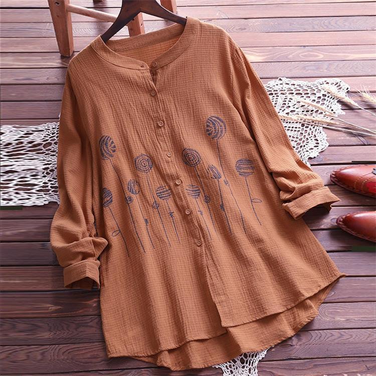 Large Size Retro Long Sleeve Button Print Shirt for Women