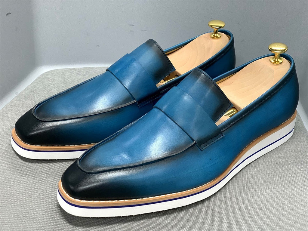 Men's Handmade Cowhide Leather Casual Shoes, Blue & Black, Sizes 39-46