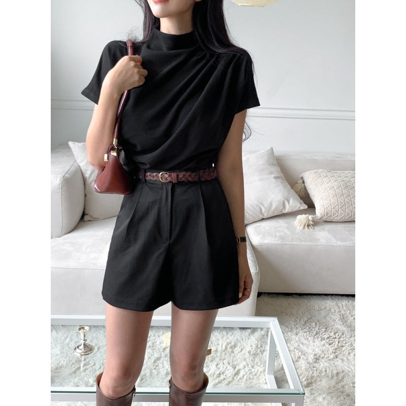French Turtleneck Short Sleeve Modal T-Shirt for Women, Waist-Controlled Top