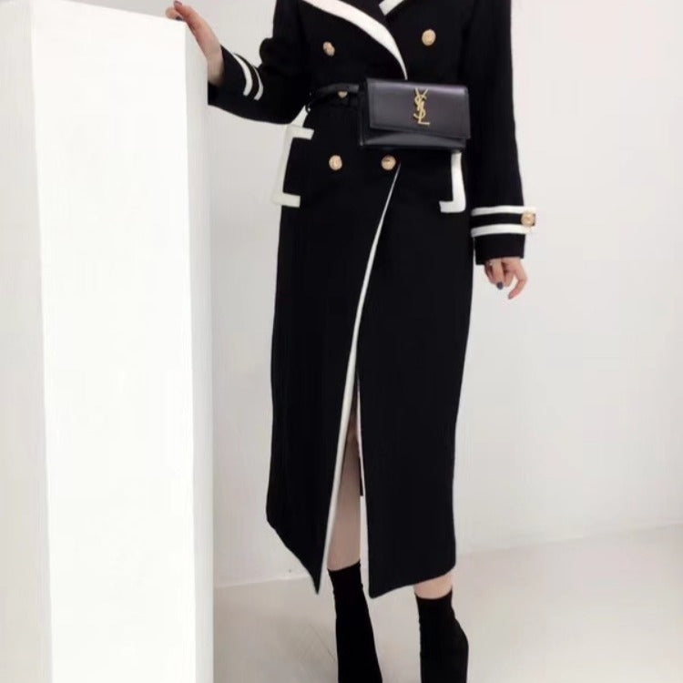Slim Black Woolen Overcoat Medium Long Double Breasted