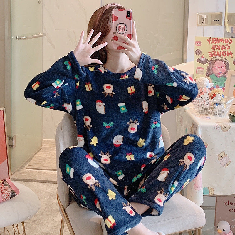 Winter Flannel Long Sleeve Thicken Plus Fleece Homewear Pajamas for Women