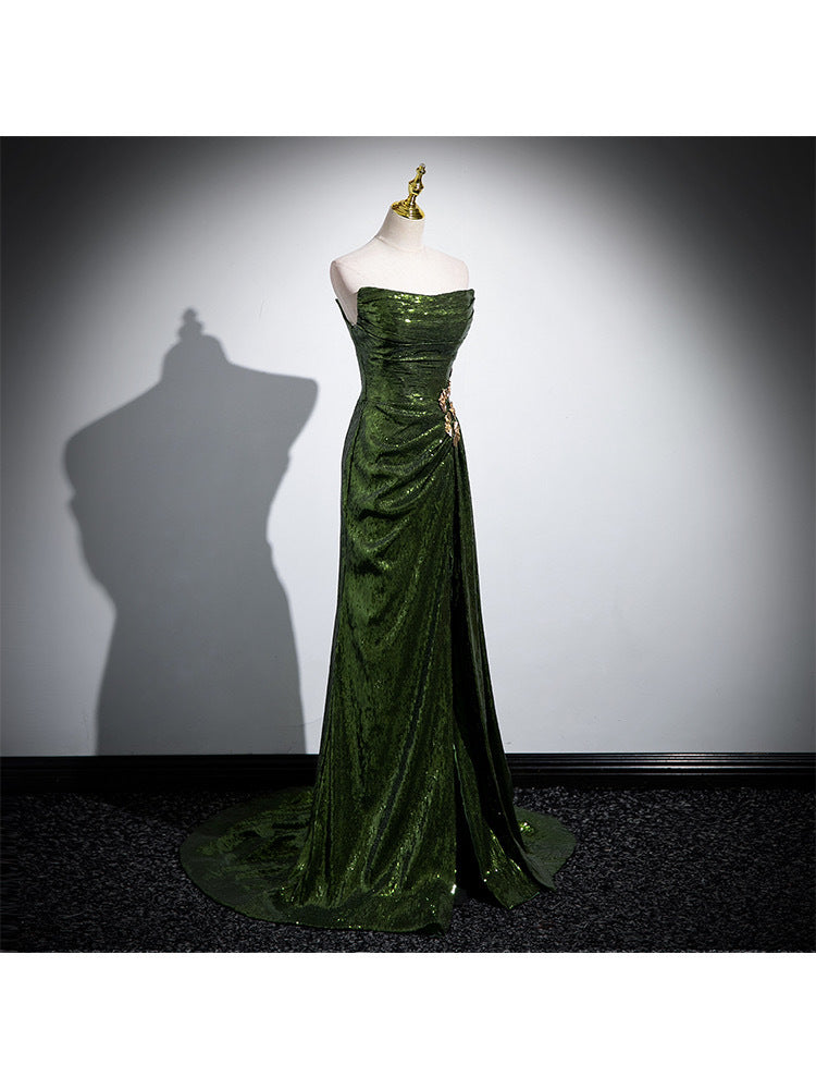 French Evening Women's Dark Green High Waist Slim Bridal Dress