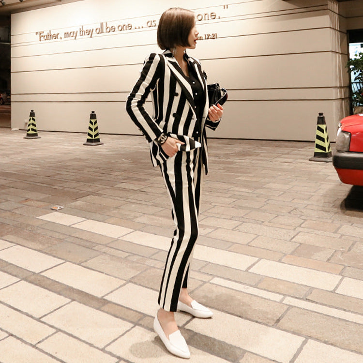 Double Breasted Black & White Striped Professional Women's Suit
