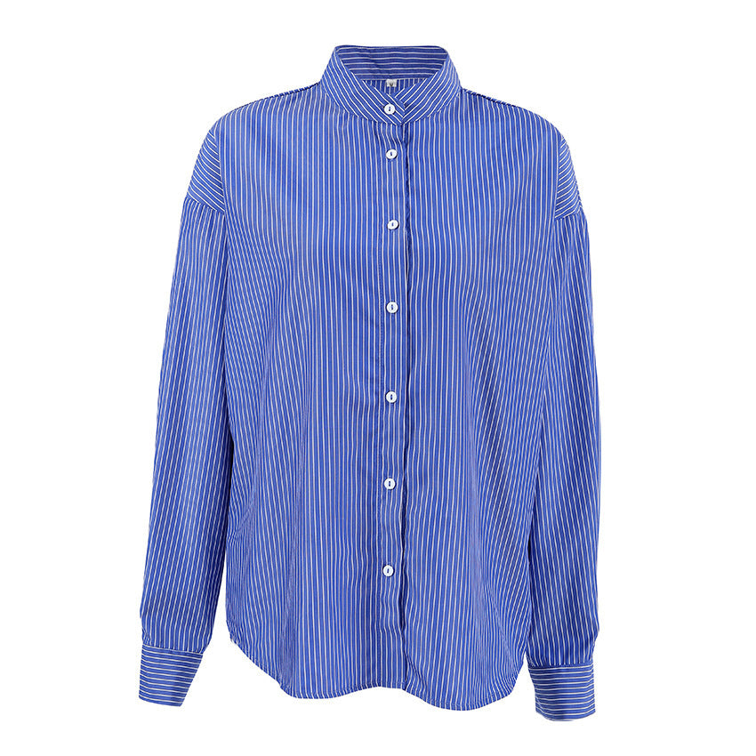French Style Blue Striped Polyester Shirt with Button Detail