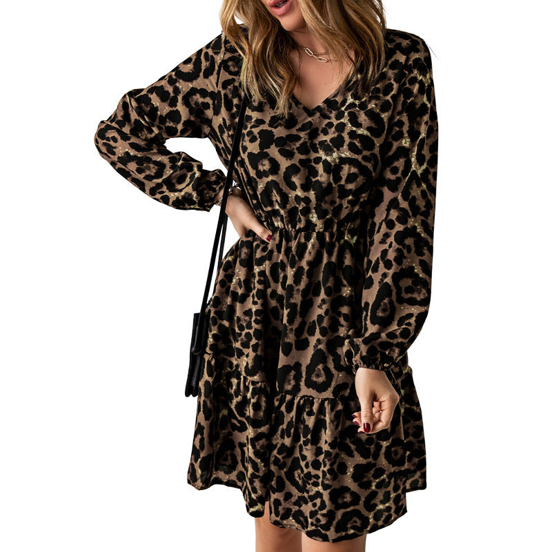 Leopard Print Long Sleeve Pullover Dress for Women