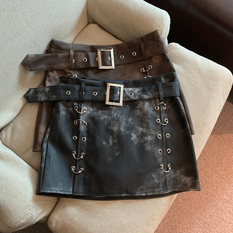 Maillard American Tie-Dyed PU Leather A-Line Skirt for Women