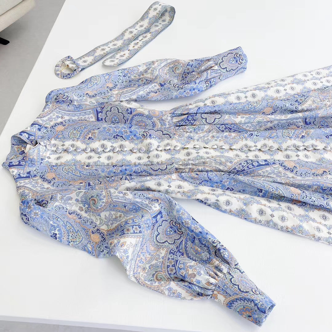 Blue Linen Print Women’s Dress