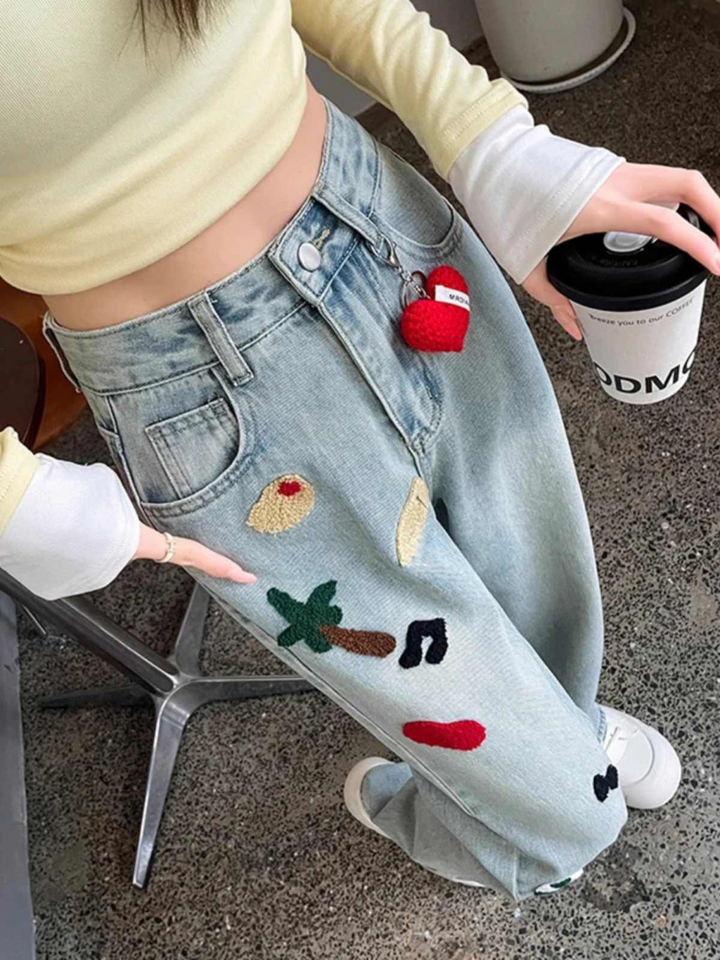 Women's High Waist Embroidered Wide-Leg Jeans Straight Mopping Pants