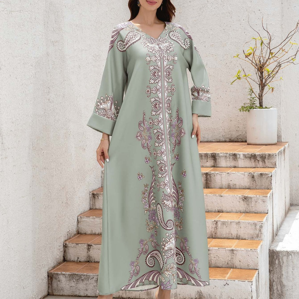 Robe imprimée à col en V et manches longues en polyester argenté pour femmes musulmanes avec perles chaudes