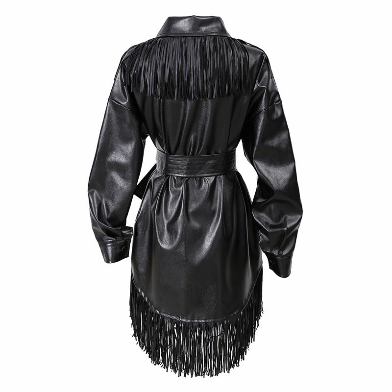 Nouvelle Jupe Longue en Similicuir avec Dentelle à la Taille et Ceinture