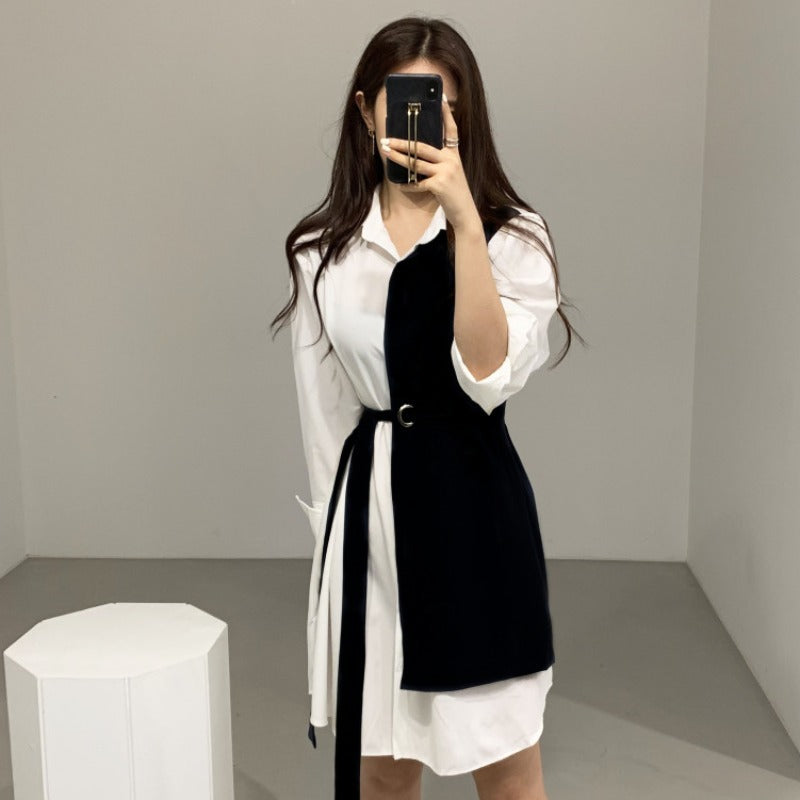 Robe Chemise Midi à Col Polo avec Nœud à la Taille et Revers pour Femme