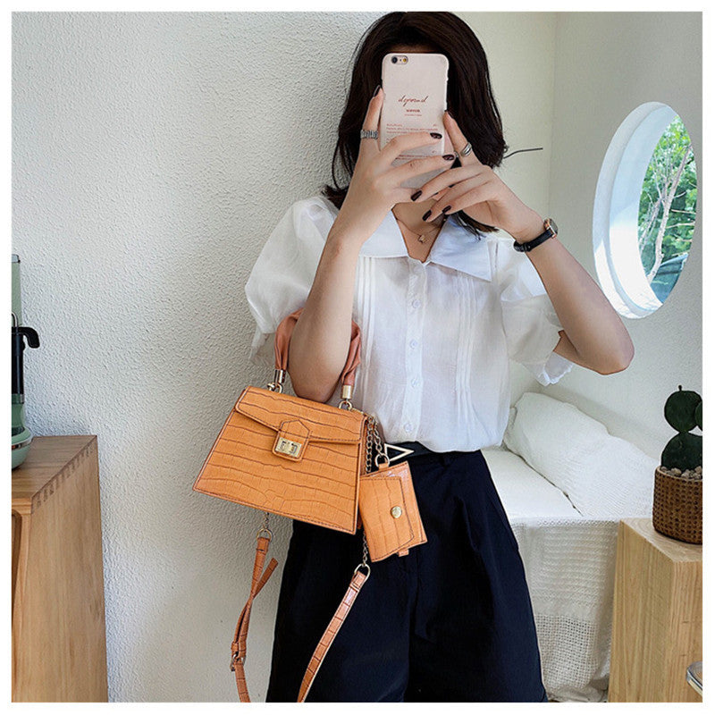 Portable Small Square PU Bag with Soft Handle and Lock Closure