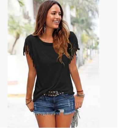 Ladies Big Size Round Neck Short Sleeve Tassel Cotton T-Shirt for US & Europe