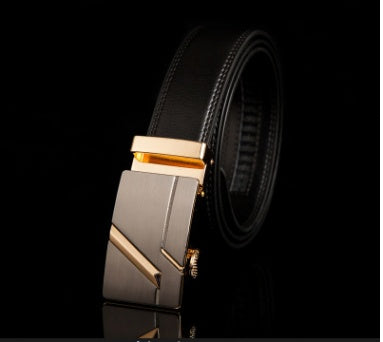 Men's Leather Automatic Buckle Belt 3.55CM Wide with Gold Buckle Head