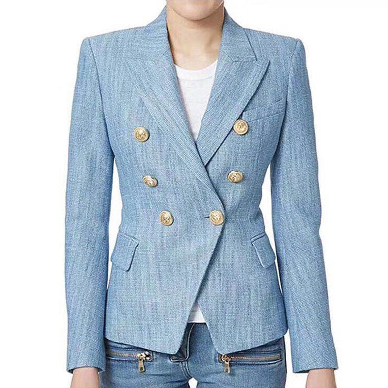 Blazer Femme Rayé en Mélange de Coton à Boutons