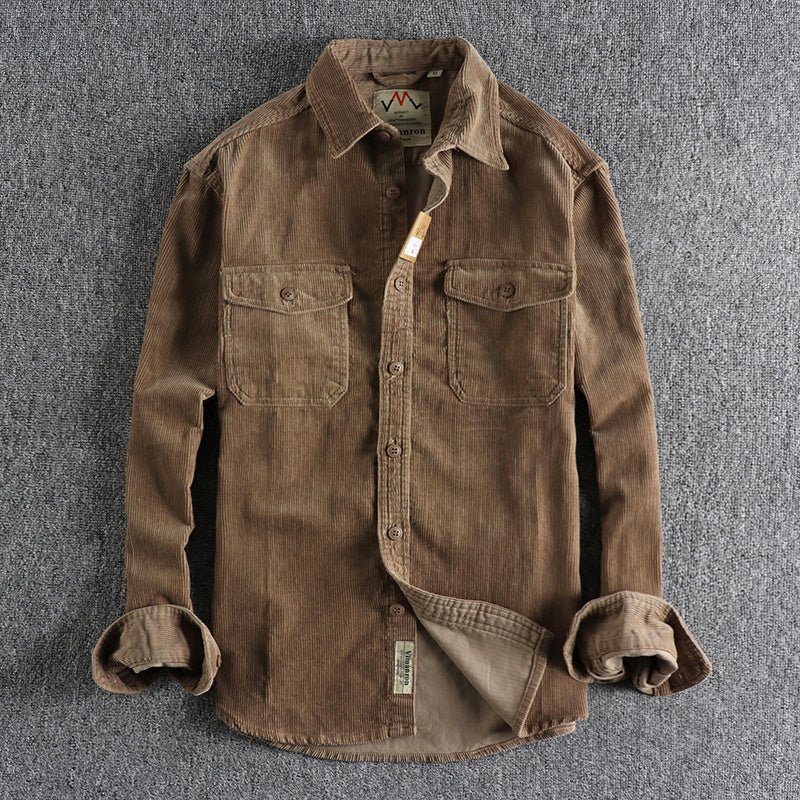 Retro Washed Wool Corduroy Long-Sleeve Shirt for Men in Multiple Colors
