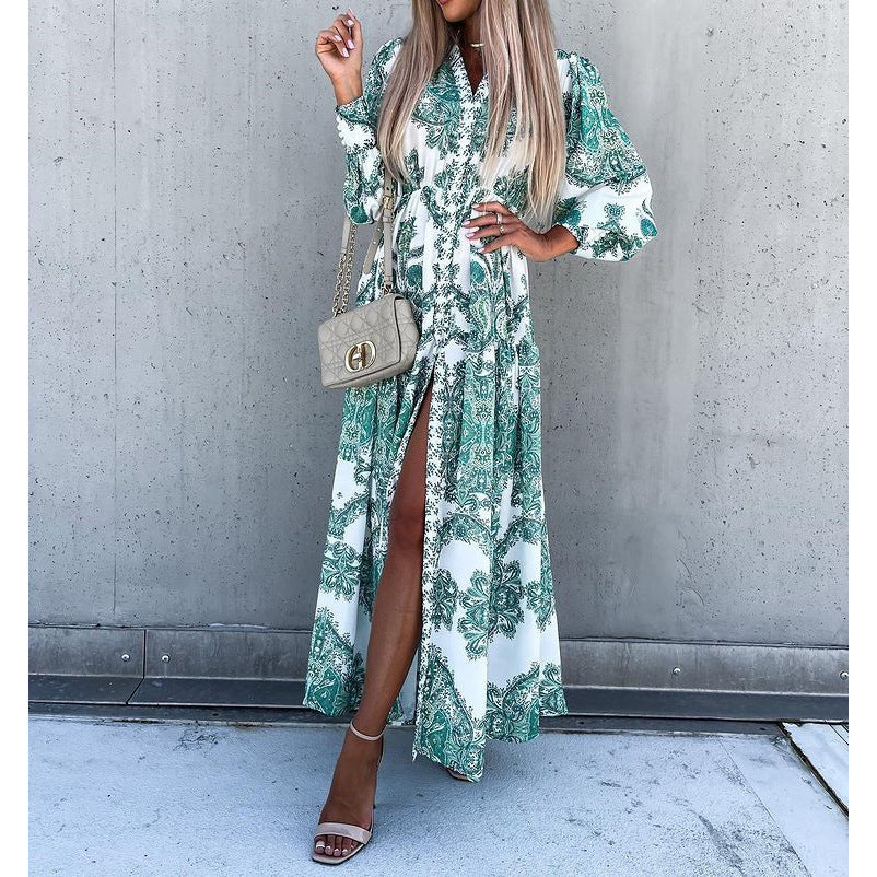 Casual Geometric Print Slit Long Dress