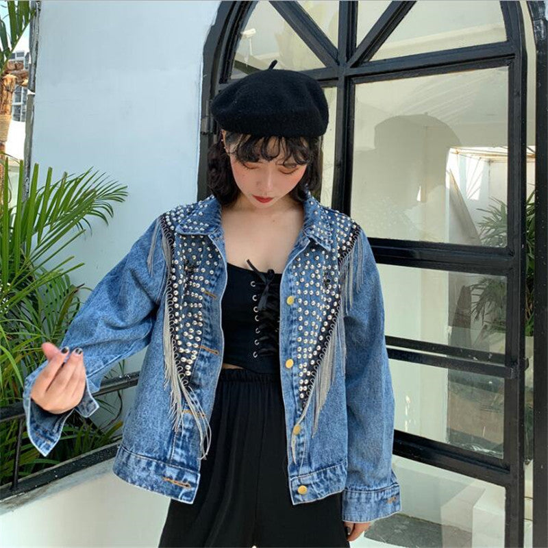 Heavy Industry Beaded Diamond Tassel Short Denim Jacket