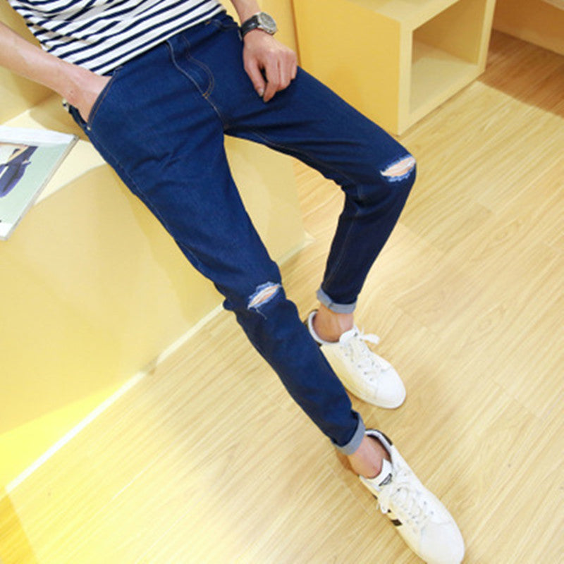 Men's Blue Cotton Denim Ripped Jeans Small Feet Cropped Pants