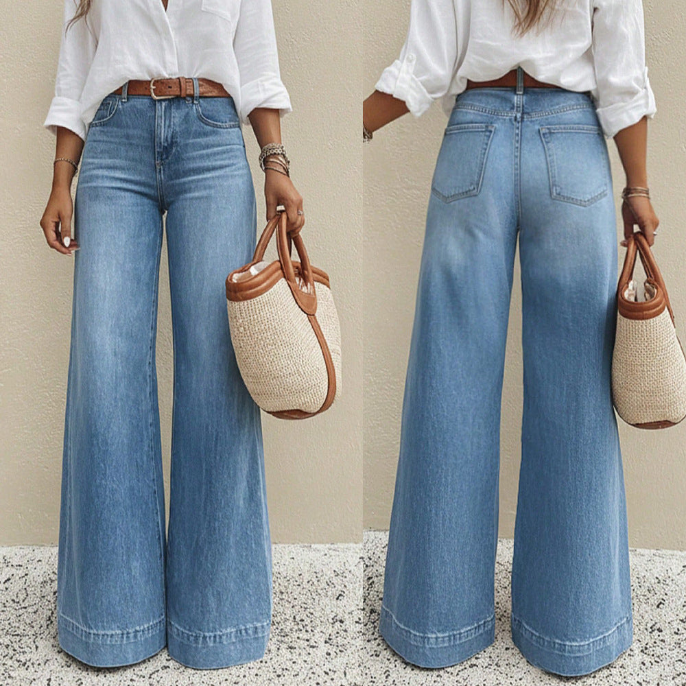 Jeans bleus en denim slim délavé vintage pour femme