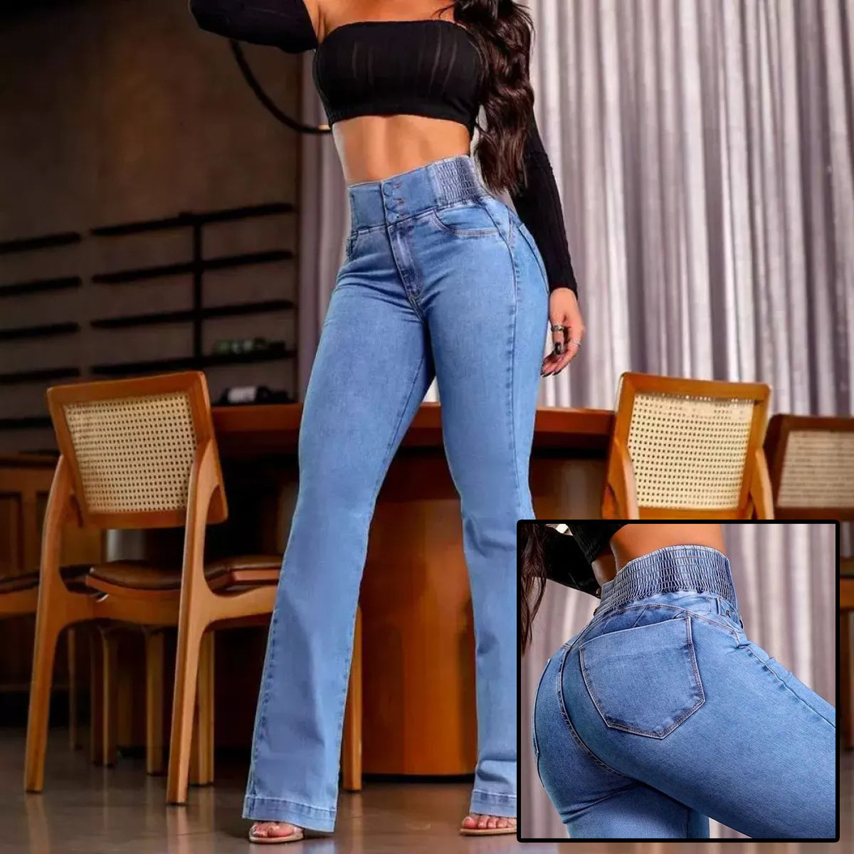 Sexy Elegant High Waist Button Front Shirred Back Casual Female Jeans