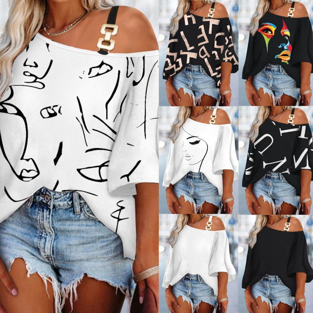 تيشيرت نسائي مطبوع بتصميم عصري فضفاض وخياطة أنيقة