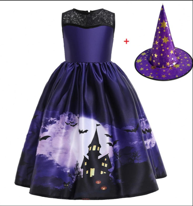 Halloween Princess Dress with Printed Mesh and Hat, Sizes 120-160cm