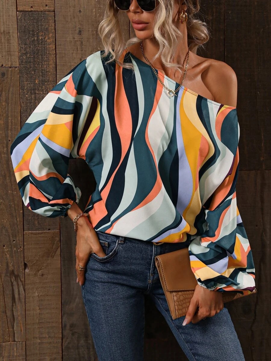 Summer Painted Off-shoulder Bishop Sleeves Top