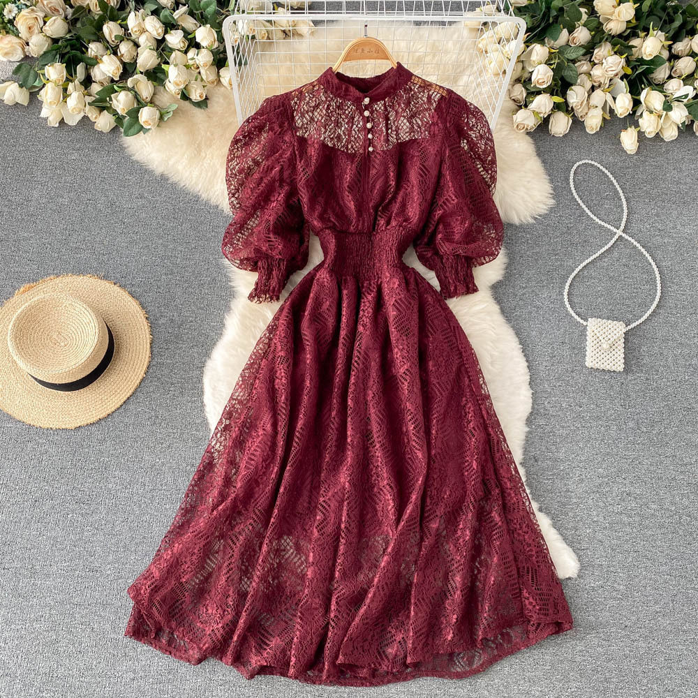 Vintage Elegant High Waist Lace Dress for Thin Girls One Size
