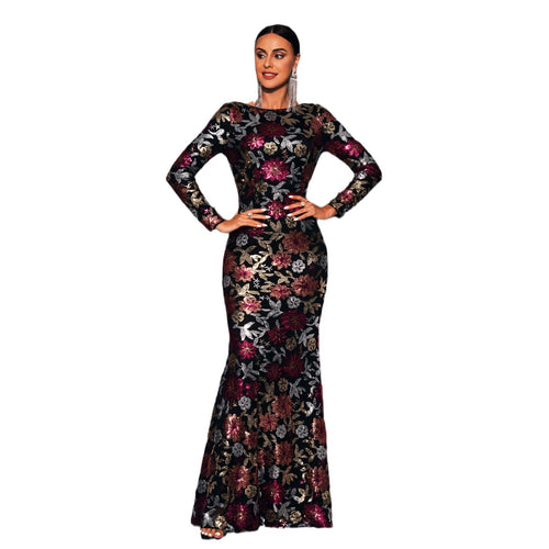 Long Sleeve Sequined Evening Gown Crew Neck Bridesmaid Dress