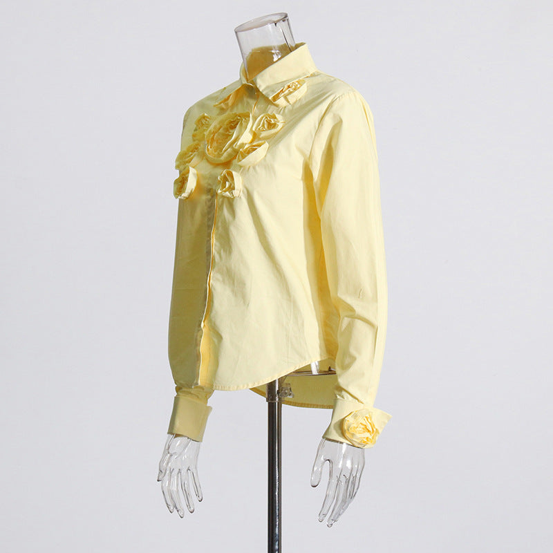 Women's Floral Stitching Polo Collar Top with 3D Decoration