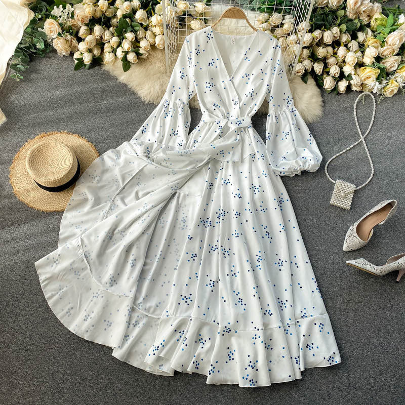 French Dress Goddess Danya White Polka Dot Lace-Up S-XL