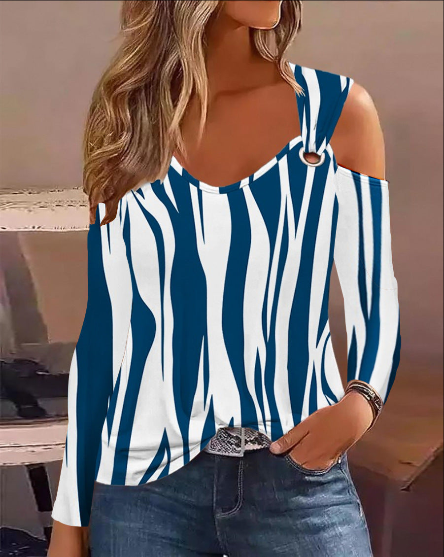 Simple Metal Buckle V-Neck Long Sleeve Shirt Polyester