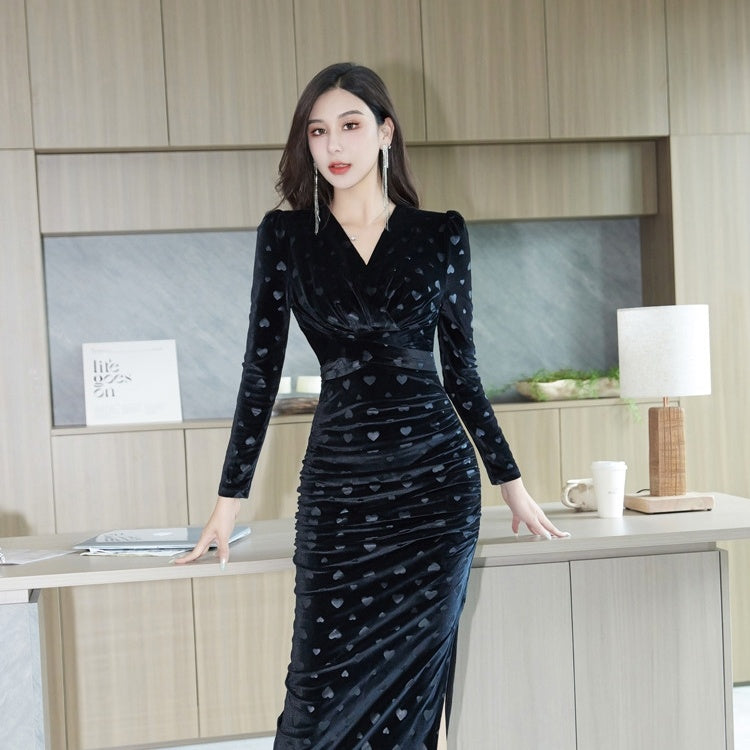 Women's Elegant Gold Velvet Long Sleeve Mid-Length Dress