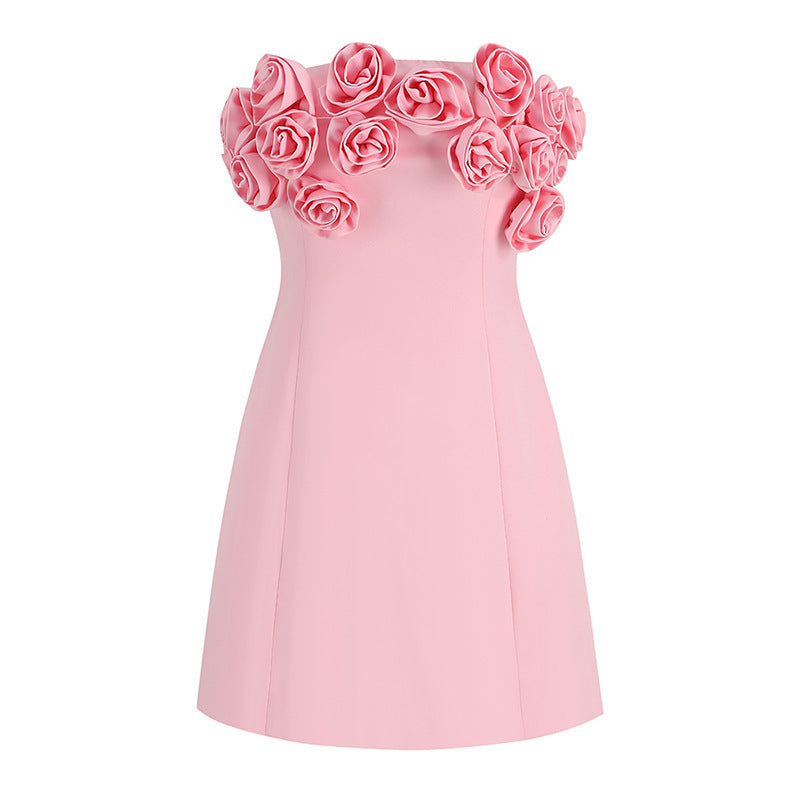 Robe bustier rose avec fleurs décoratives et laçage au dos pour femmes