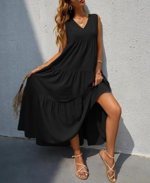 Women's Loose Waist Cotton Sleeveless V-neck Dress