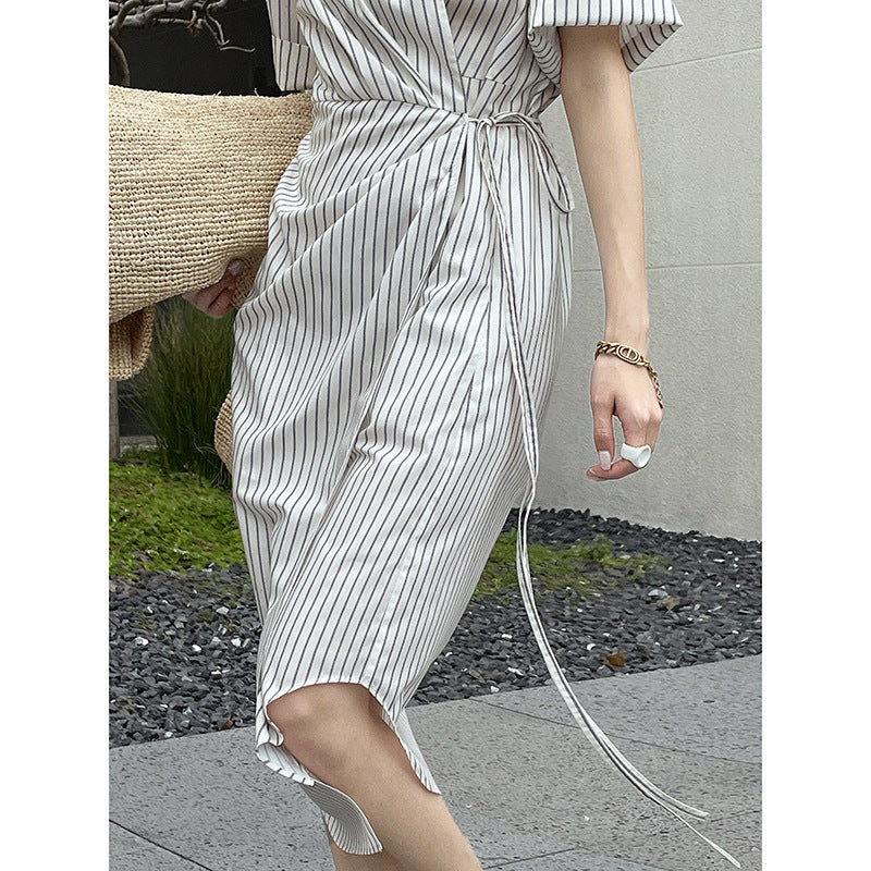 Women's Irregular Tie Side Slit Short Sleeve Lapel Cotton Shirt Dress
