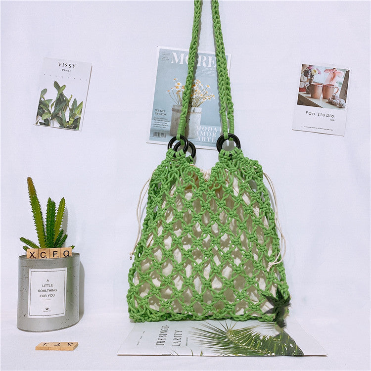 Women’s One Shoulder Straw Beach Bag with Drawstring Closure